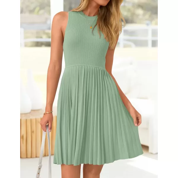 imageZESICA Womens Summer Sleeveless Mini Dress 2024 Crewneck Knit A Line Pleated Swing Casual Basic Short DressLightgreen