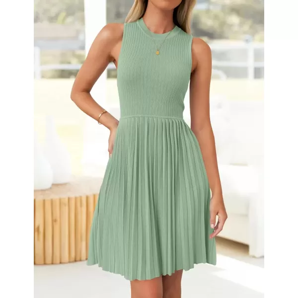 imageZESICA Womens Summer Sleeveless Mini Dress 2024 Crewneck Knit A Line Pleated Swing Casual Basic Short DressLightgreen