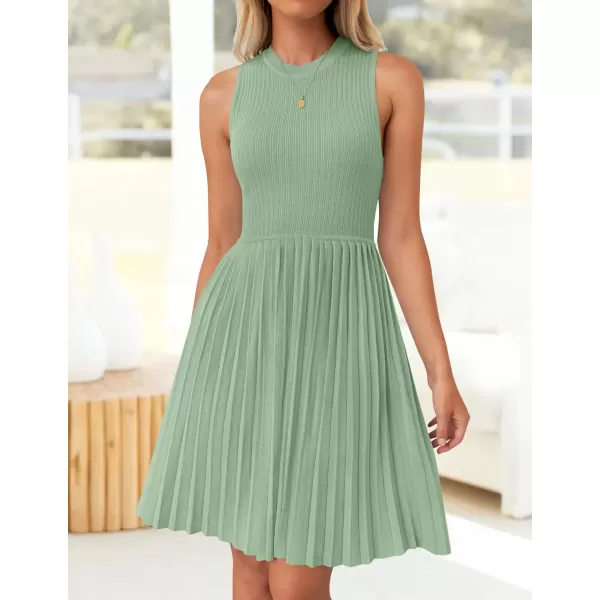 imageZESICA Womens Summer Sleeveless Mini Dress 2024 Crewneck Knit A Line Pleated Swing Casual Basic Short DressLightgreen