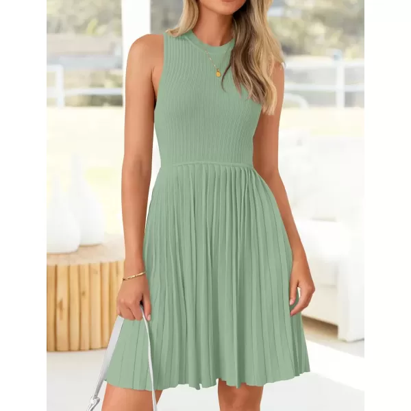 imageZESICA Womens Summer Sleeveless Mini Dress 2024 Crewneck Knit A Line Pleated Swing Casual Basic Short DressLightgreen