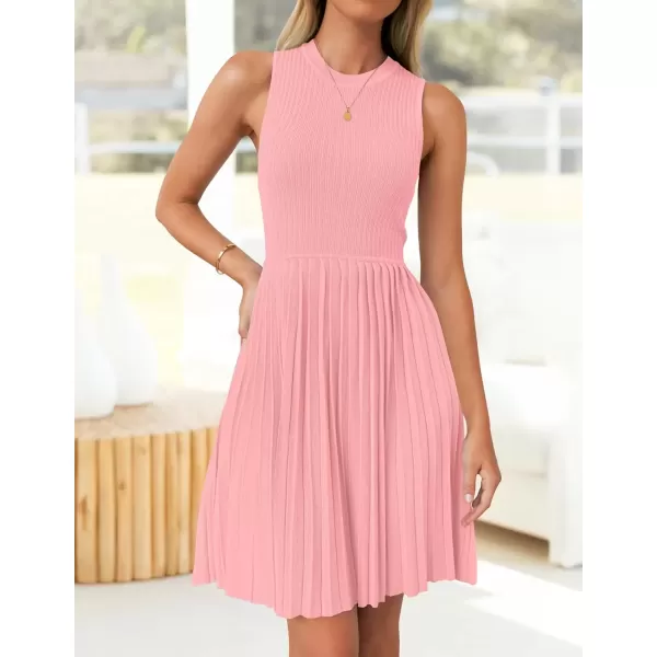imageZESICA Womens Summer Sleeveless Mini Dress 2024 Crewneck Knit A Line Pleated Swing Casual Basic Short DressPink