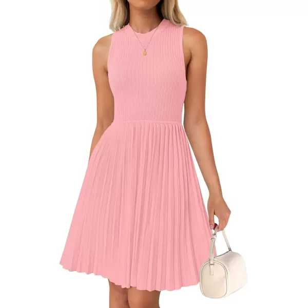 imageZESICA Womens Summer Sleeveless Mini Dress 2024 Crewneck Knit A Line Pleated Swing Casual Basic Short DressPink