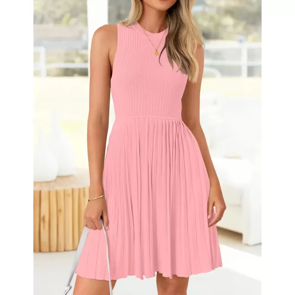 imageZESICA Womens Summer Sleeveless Mini Dress 2024 Crewneck Knit A Line Pleated Swing Casual Basic Short DressPink