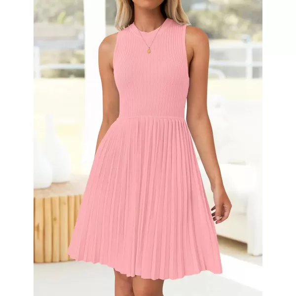 imageZESICA Womens Summer Sleeveless Mini Dress 2024 Crewneck Knit A Line Pleated Swing Casual Basic Short DressPink