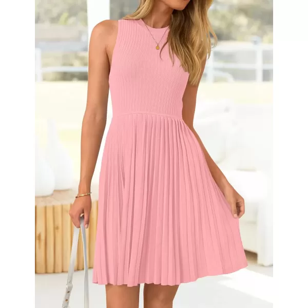 imageZESICA Womens Summer Sleeveless Mini Dress 2024 Crewneck Knit A Line Pleated Swing Casual Basic Short DressPink