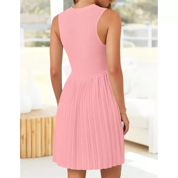 imageZESICA Womens Summer Sleeveless Mini Dress 2024 Crewneck Knit A Line Pleated Swing Casual Basic Short DressPink