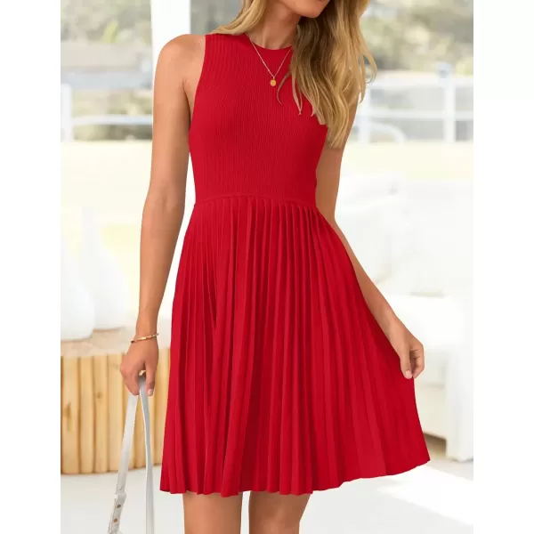 imageZESICA Womens Summer Sleeveless Mini Dress 2024 Crewneck Knit A Line Pleated Swing Casual Basic Short DressRed