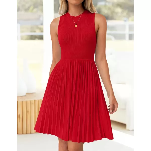 imageZESICA Womens Summer Sleeveless Mini Dress 2024 Crewneck Knit A Line Pleated Swing Casual Basic Short DressRed