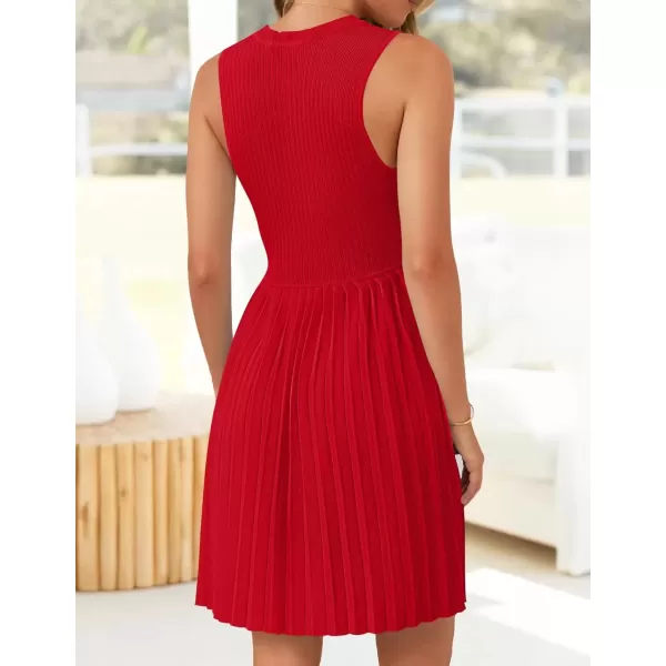 imageZESICA Womens Summer Sleeveless Mini Dress 2024 Crewneck Knit A Line Pleated Swing Casual Basic Short DressRed