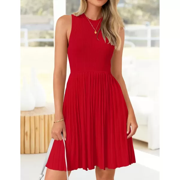 imageZESICA Womens Summer Sleeveless Mini Dress 2024 Crewneck Knit A Line Pleated Swing Casual Basic Short DressRed