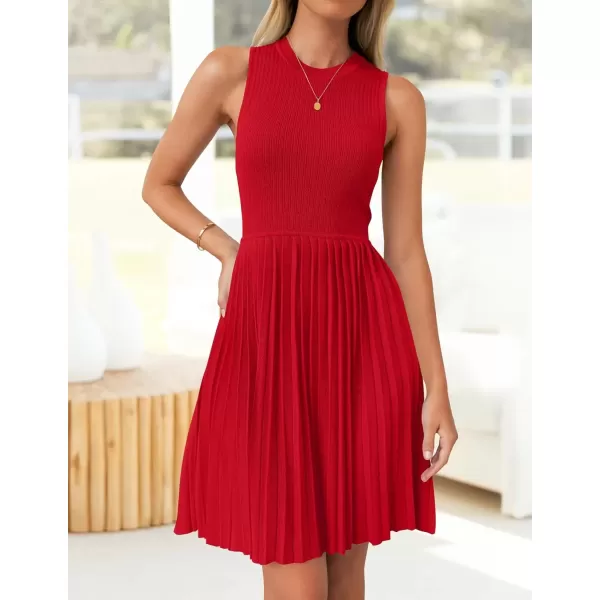 imageZESICA Womens Summer Sleeveless Mini Dress 2024 Crewneck Knit A Line Pleated Swing Casual Basic Short DressRed