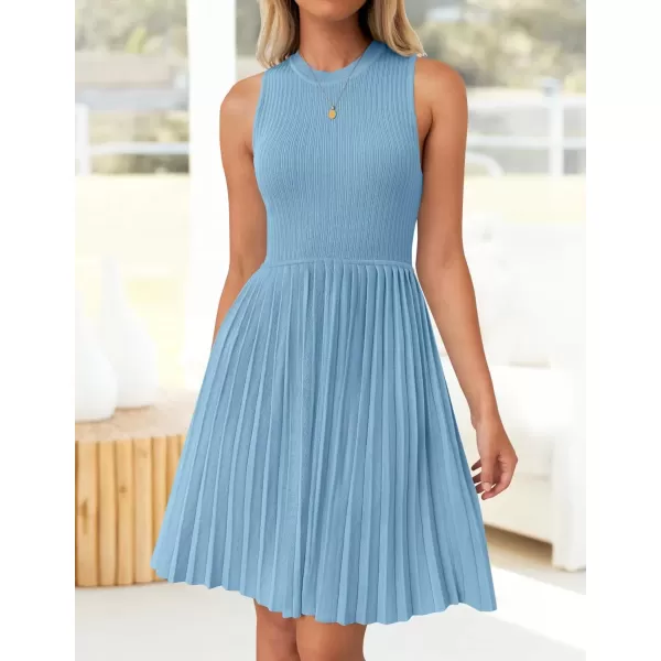 imageZESICA Womens Summer Sleeveless Mini Dress 2024 Crewneck Knit A Line Pleated Swing Casual Basic Short DressSky