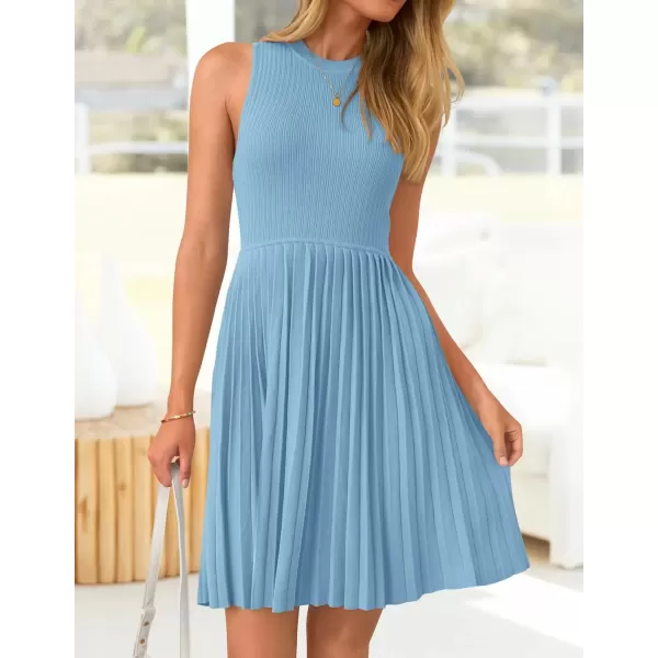 imageZESICA Womens Summer Sleeveless Mini Dress 2024 Crewneck Knit A Line Pleated Swing Casual Basic Short DressSky