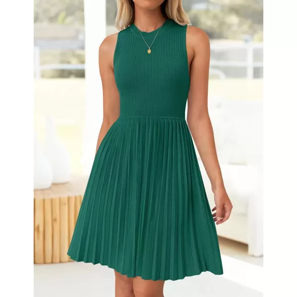 imageZESICA Womens Summer Sleeveless Mini Dress 2024 Crewneck Knit A Line Pleated Swing Casual Basic Short DressTeal