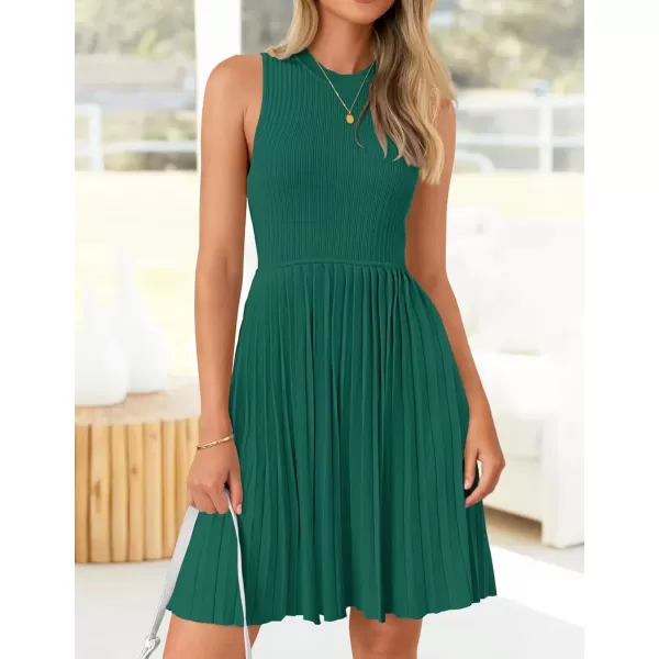 imageZESICA Womens Summer Sleeveless Mini Dress 2024 Crewneck Knit A Line Pleated Swing Casual Basic Short DressTeal