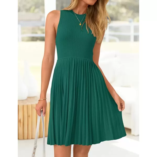 imageZESICA Womens Summer Sleeveless Mini Dress 2024 Crewneck Knit A Line Pleated Swing Casual Basic Short DressTeal