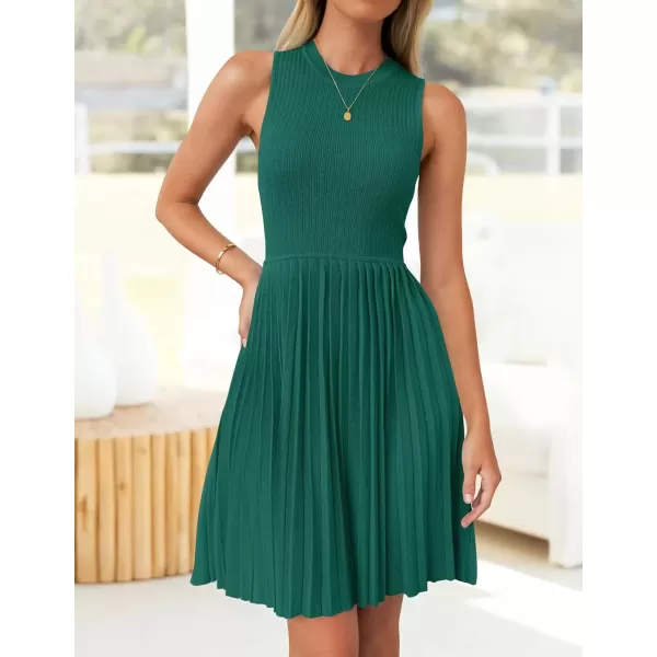 imageZESICA Womens Summer Sleeveless Mini Dress 2024 Crewneck Knit A Line Pleated Swing Casual Basic Short DressTeal
