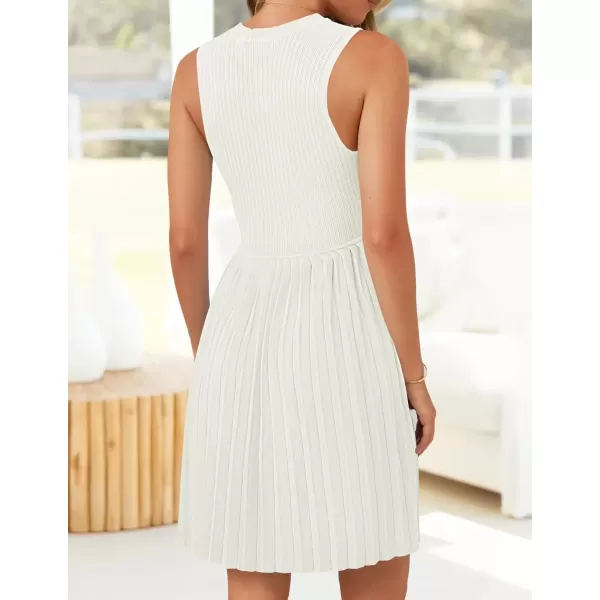 imageZESICA Womens Summer Sleeveless Mini Dress 2024 Crewneck Knit A Line Pleated Swing Casual Basic Short DressWhite