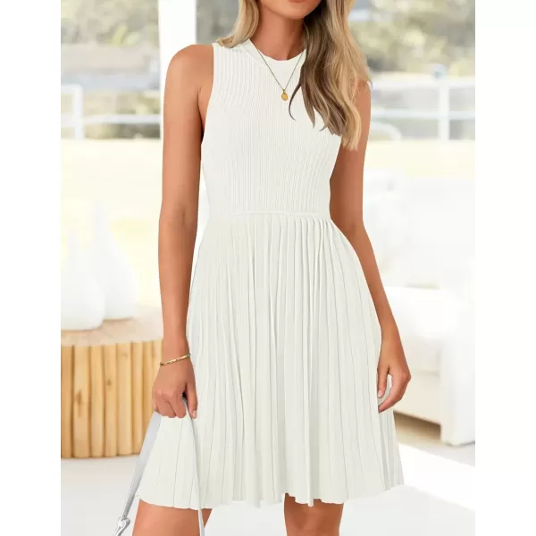 imageZESICA Womens Summer Sleeveless Mini Dress 2024 Crewneck Knit A Line Pleated Swing Casual Basic Short DressWhite