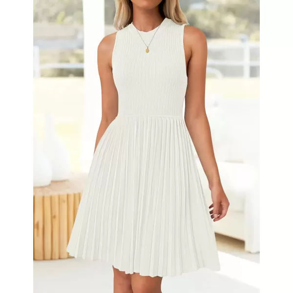 imageZESICA Womens Summer Sleeveless Mini Dress 2024 Crewneck Knit A Line Pleated Swing Casual Basic Short DressWhite