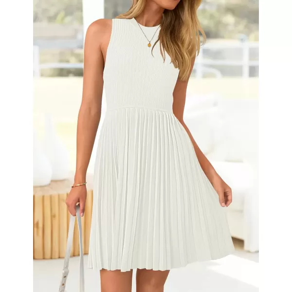 imageZESICA Womens Summer Sleeveless Mini Dress 2024 Crewneck Knit A Line Pleated Swing Casual Basic Short DressWhite