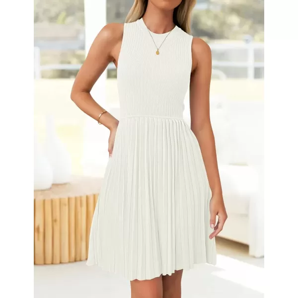 imageZESICA Womens Summer Sleeveless Mini Dress 2024 Crewneck Knit A Line Pleated Swing Casual Basic Short DressWhite