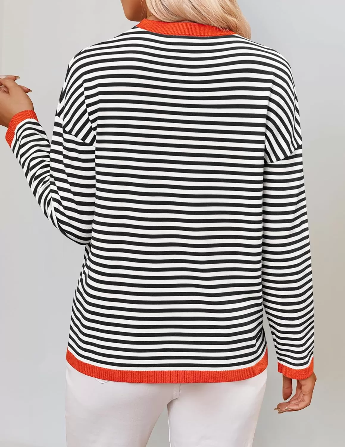 imageZESICA Womens 2024 Fall Striped Sweaters Long Sleeve Crew Neck Shirts Color Block Lightweight Pullover TopsBlack