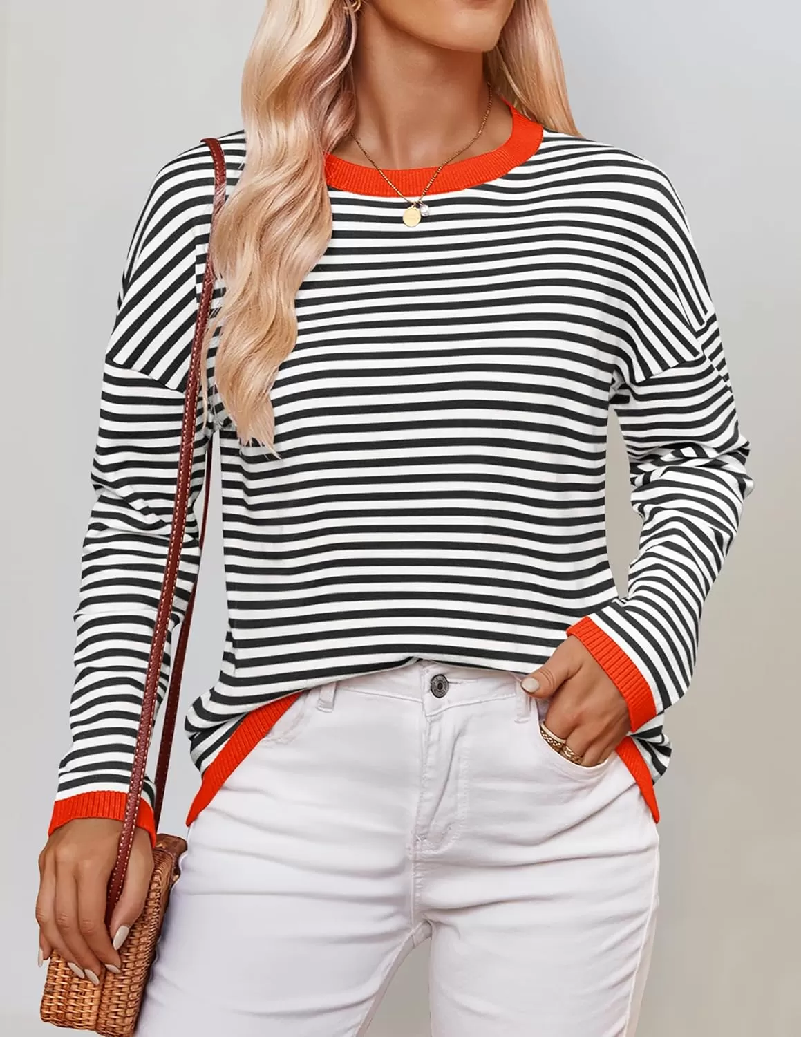 imageZESICA Womens 2024 Fall Striped Sweaters Long Sleeve Crew Neck Shirts Color Block Lightweight Pullover TopsBlack