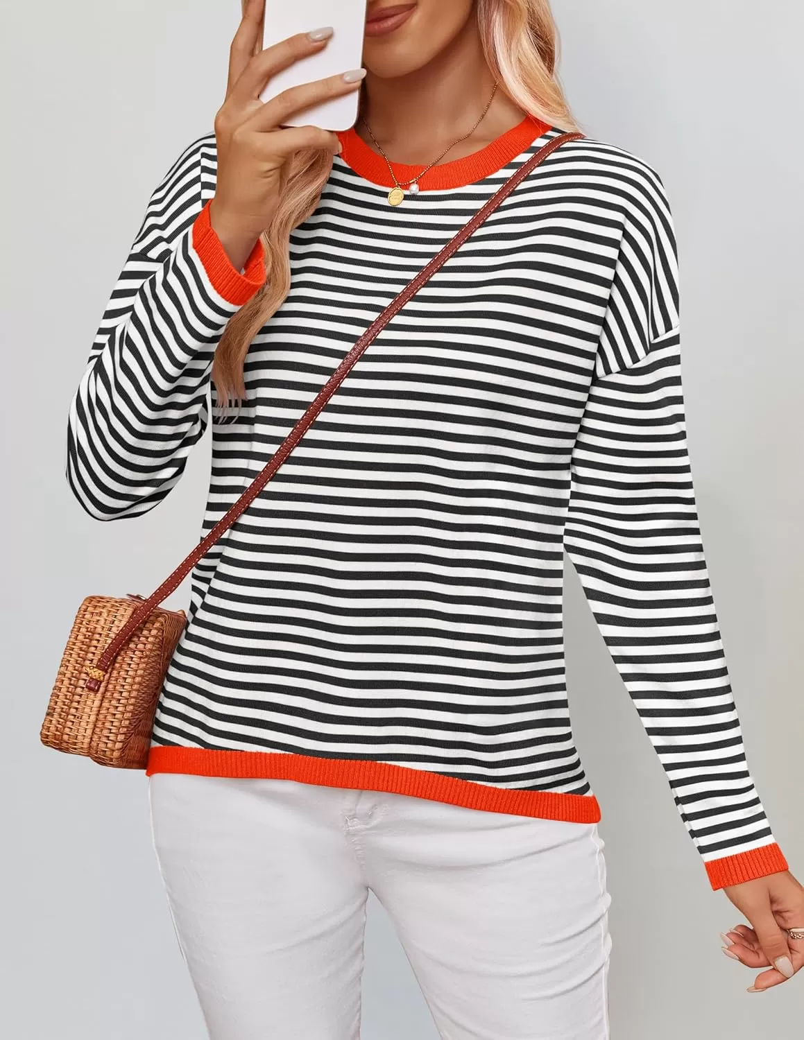 imageZESICA Womens 2024 Fall Striped Sweaters Long Sleeve Crew Neck Shirts Color Block Lightweight Pullover TopsBlack