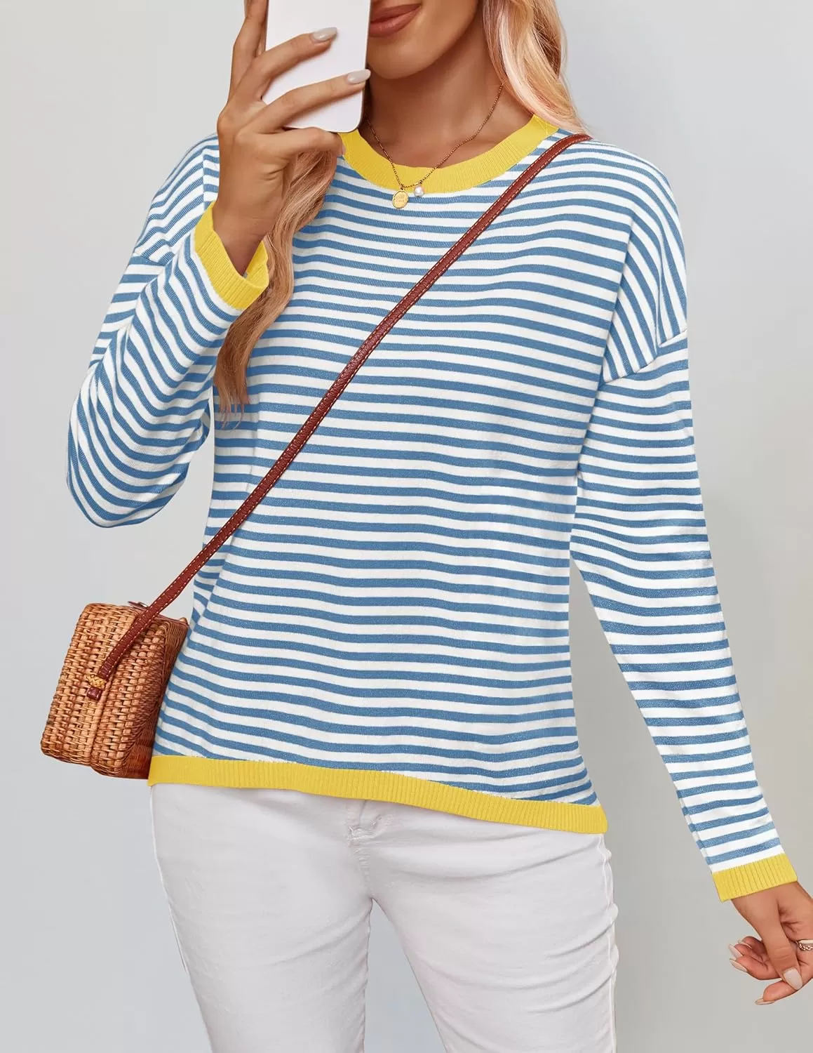imageZESICA Womens 2024 Fall Striped Sweaters Long Sleeve Crew Neck Shirts Color Block Lightweight Pullover TopsBlue