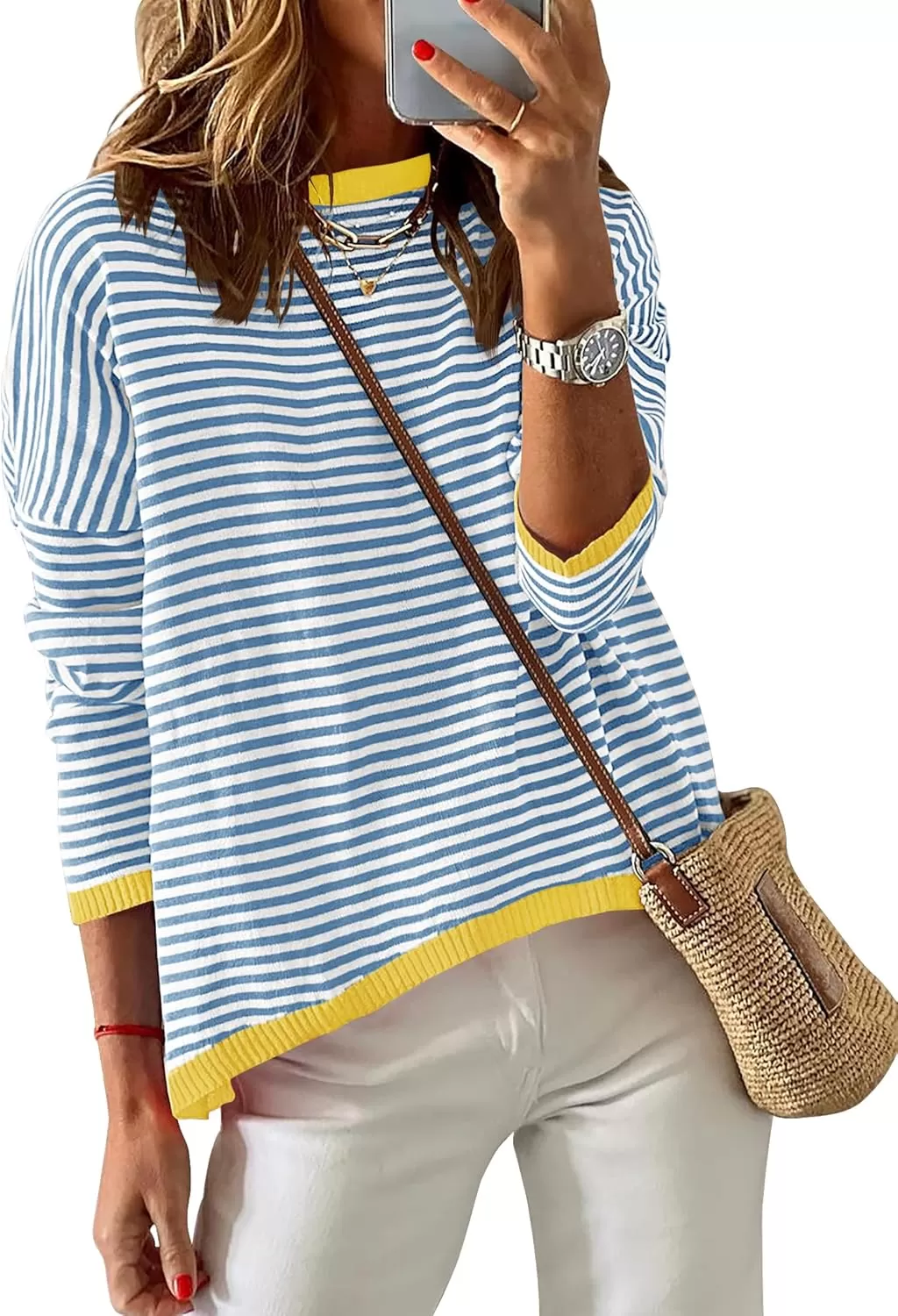 imageZESICA Womens 2024 Fall Striped Sweaters Long Sleeve Crew Neck Shirts Color Block Lightweight Pullover TopsBlue
