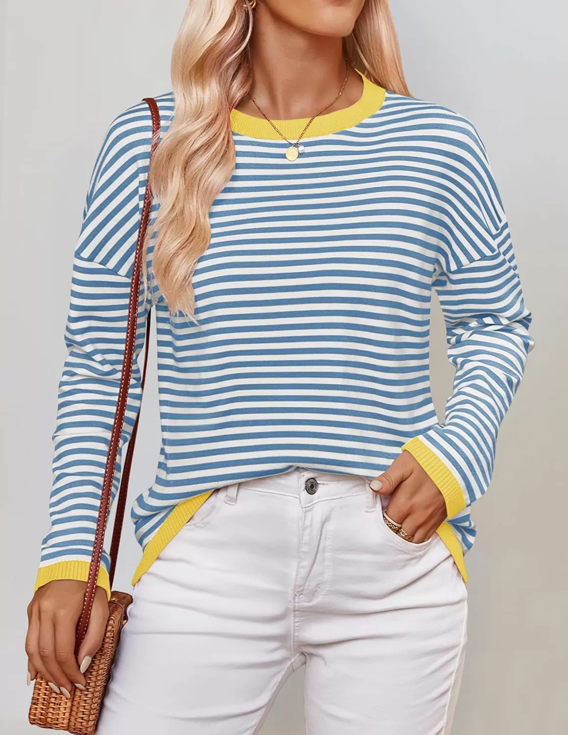 imageZESICA Womens 2024 Fall Striped Sweaters Long Sleeve Crew Neck Shirts Color Block Lightweight Pullover TopsBlue