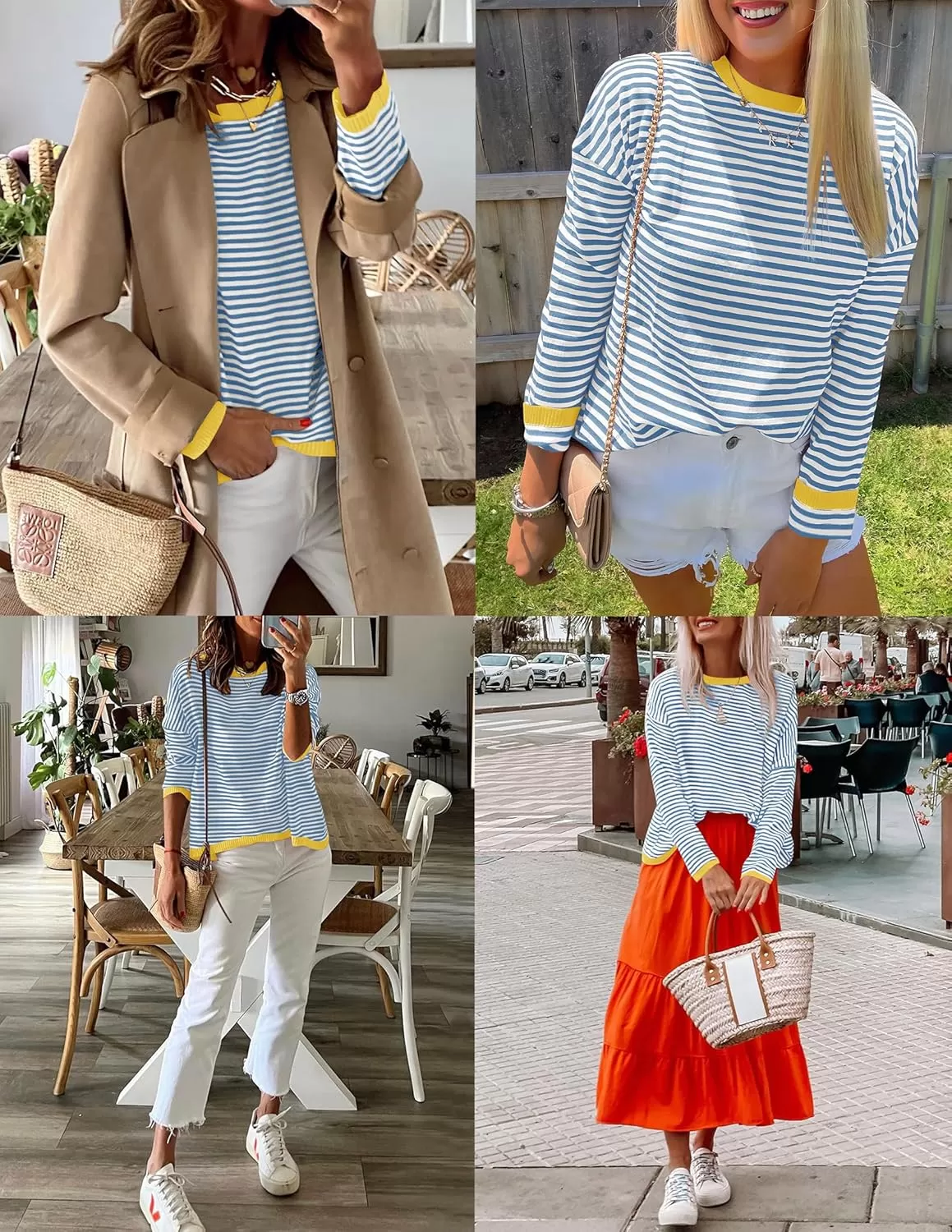 imageZESICA Womens 2024 Fall Striped Sweaters Long Sleeve Crew Neck Shirts Color Block Lightweight Pullover TopsBlue