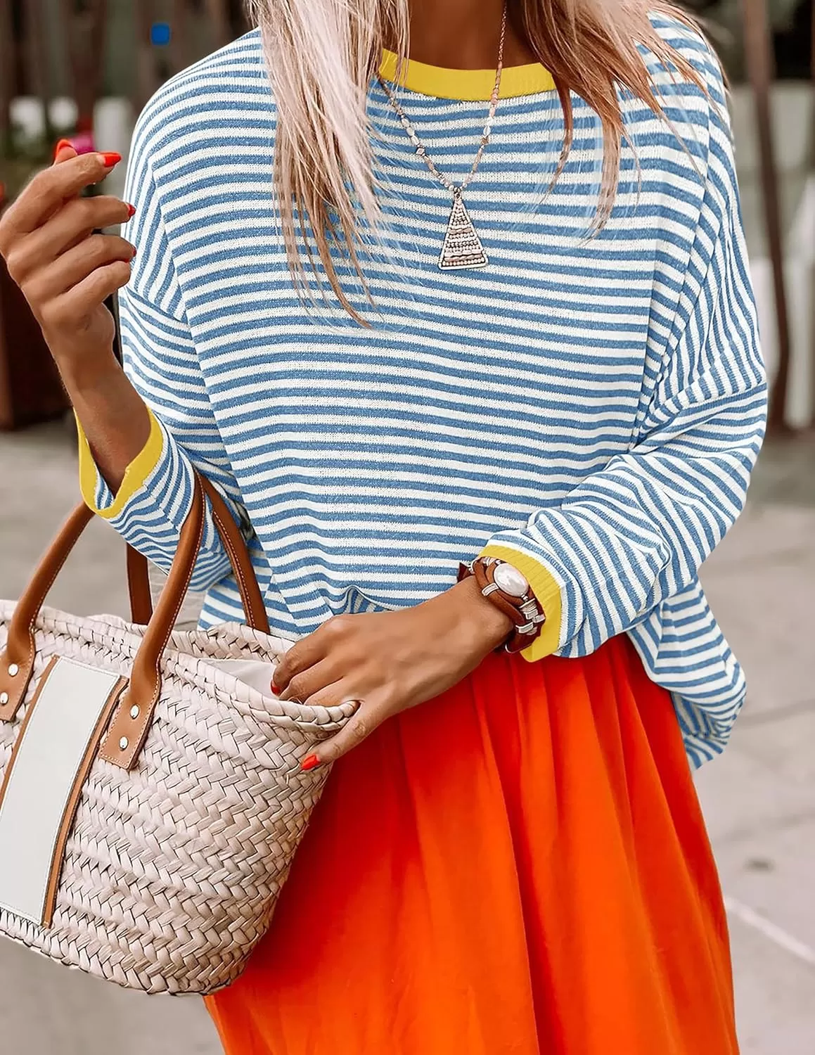 imageZESICA Womens 2024 Fall Striped Sweaters Long Sleeve Crew Neck Shirts Color Block Lightweight Pullover TopsBlue