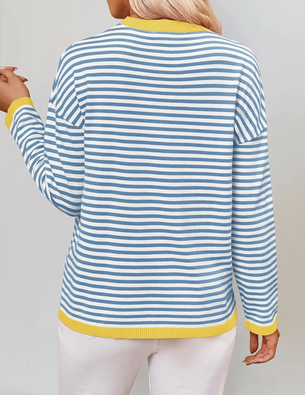 imageZESICA Womens 2024 Fall Striped Sweaters Long Sleeve Crew Neck Shirts Color Block Lightweight Pullover TopsBlue