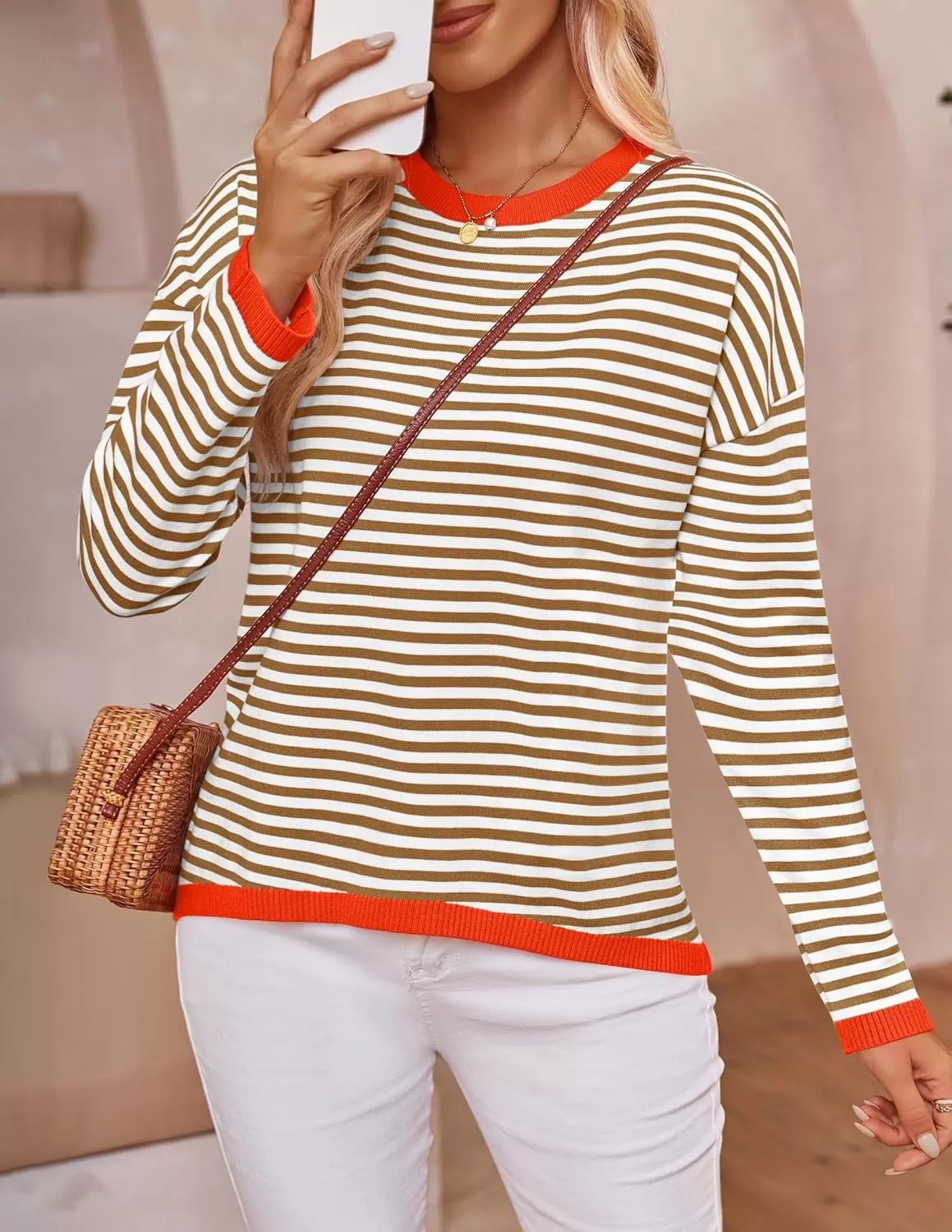 imageZESICA Womens 2024 Fall Striped Sweaters Long Sleeve Crew Neck Shirts Color Block Lightweight Pullover TopsBrown