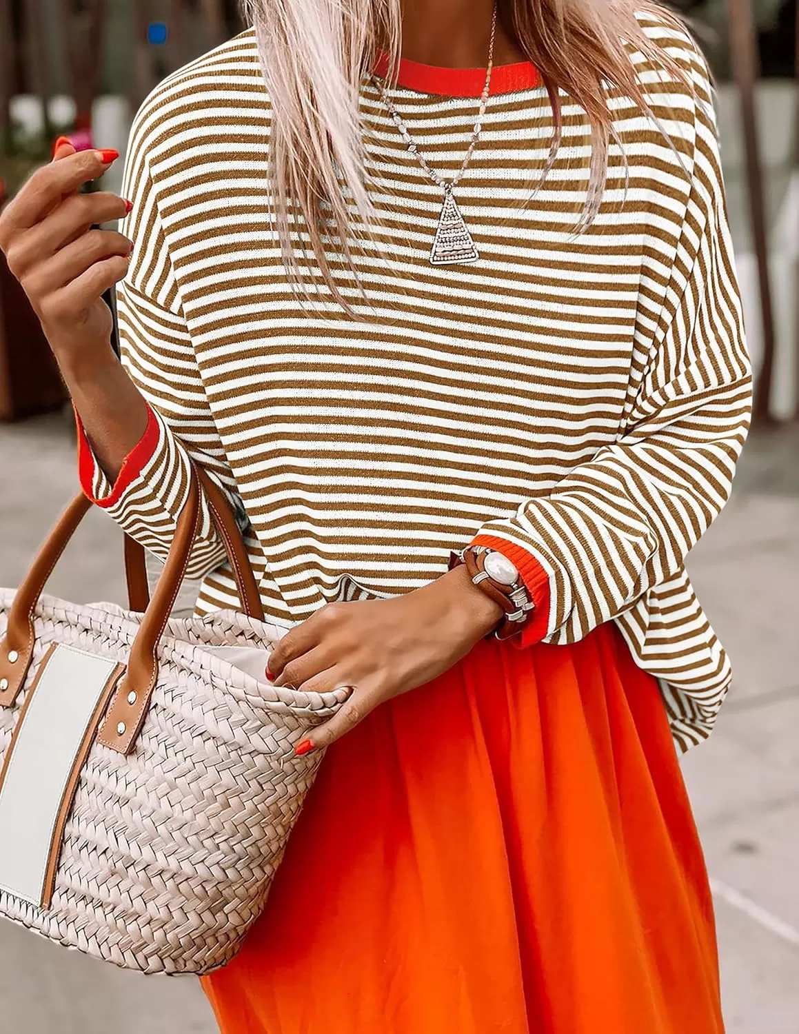 imageZESICA Womens 2024 Fall Striped Sweaters Long Sleeve Crew Neck Shirts Color Block Lightweight Pullover TopsBrown