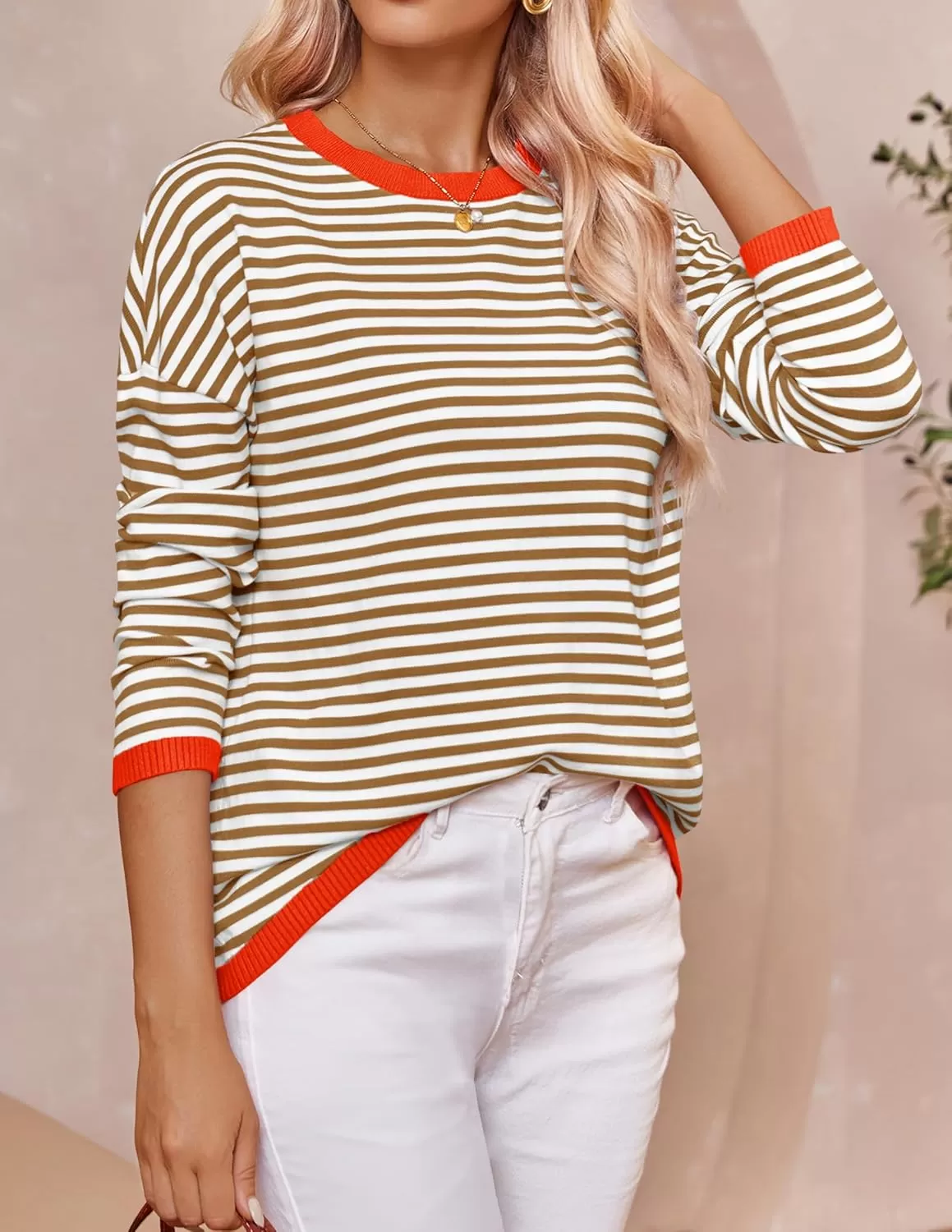 imageZESICA Womens 2024 Fall Striped Sweaters Long Sleeve Crew Neck Shirts Color Block Lightweight Pullover TopsBrown