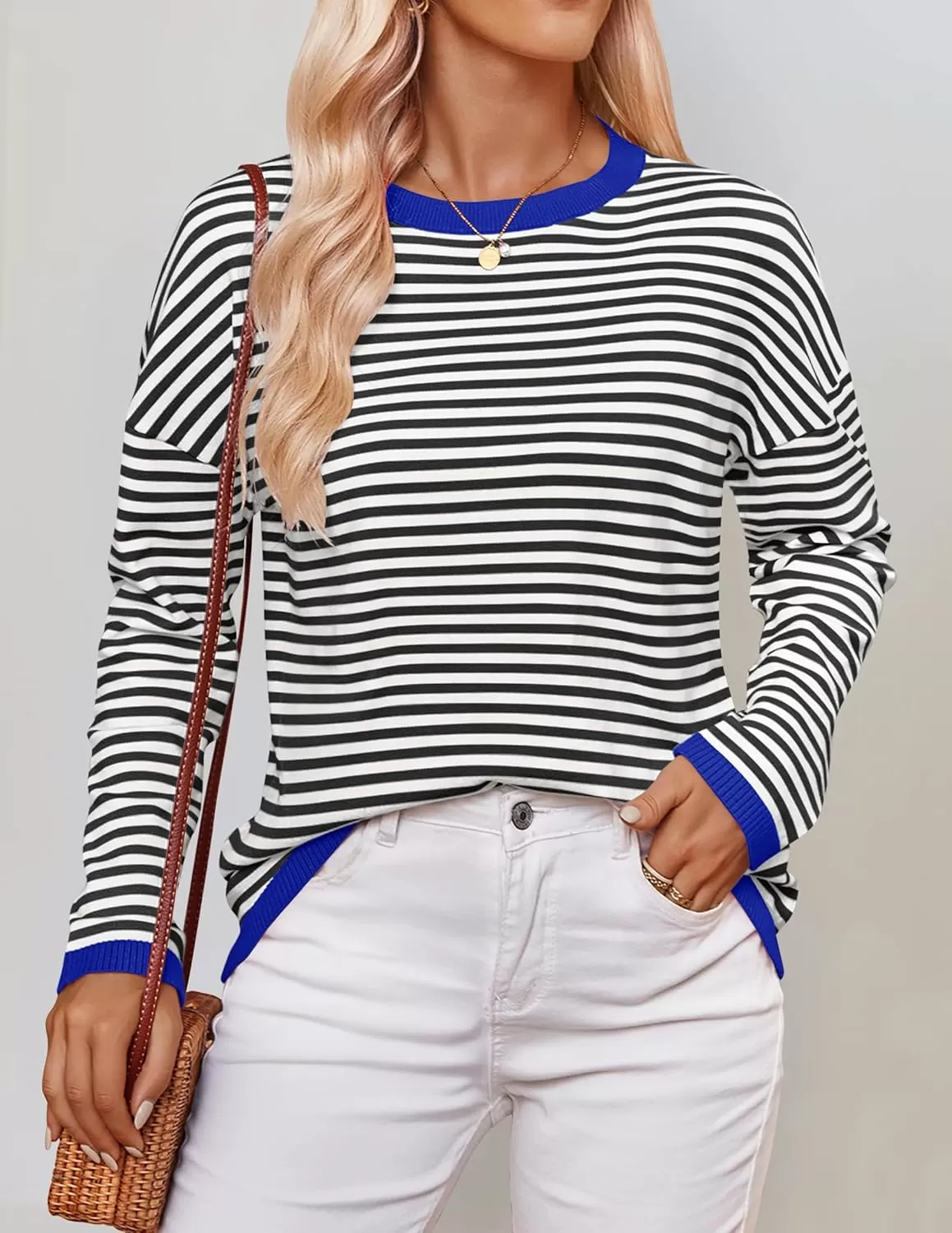 imageZESICA Womens 2024 Fall Striped Sweaters Long Sleeve Crew Neck Shirts Color Block Lightweight Pullover TopsCarbon Black