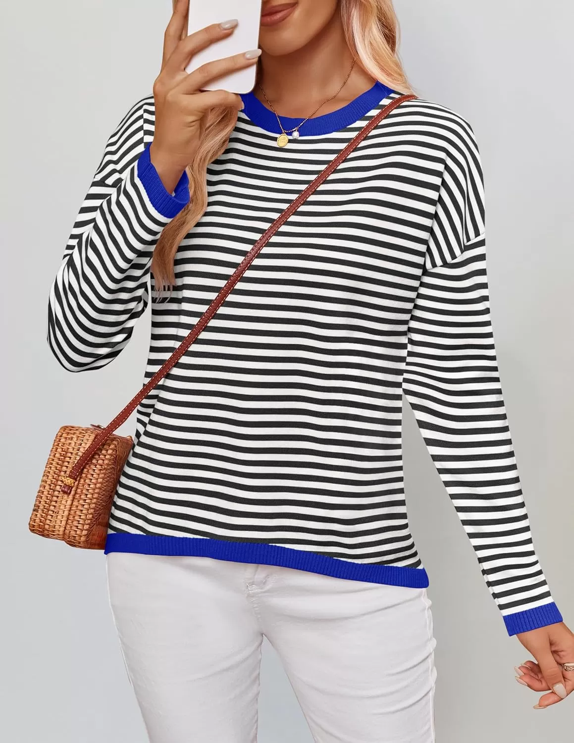 imageZESICA Womens 2024 Fall Striped Sweaters Long Sleeve Crew Neck Shirts Color Block Lightweight Pullover TopsCarbon Black
