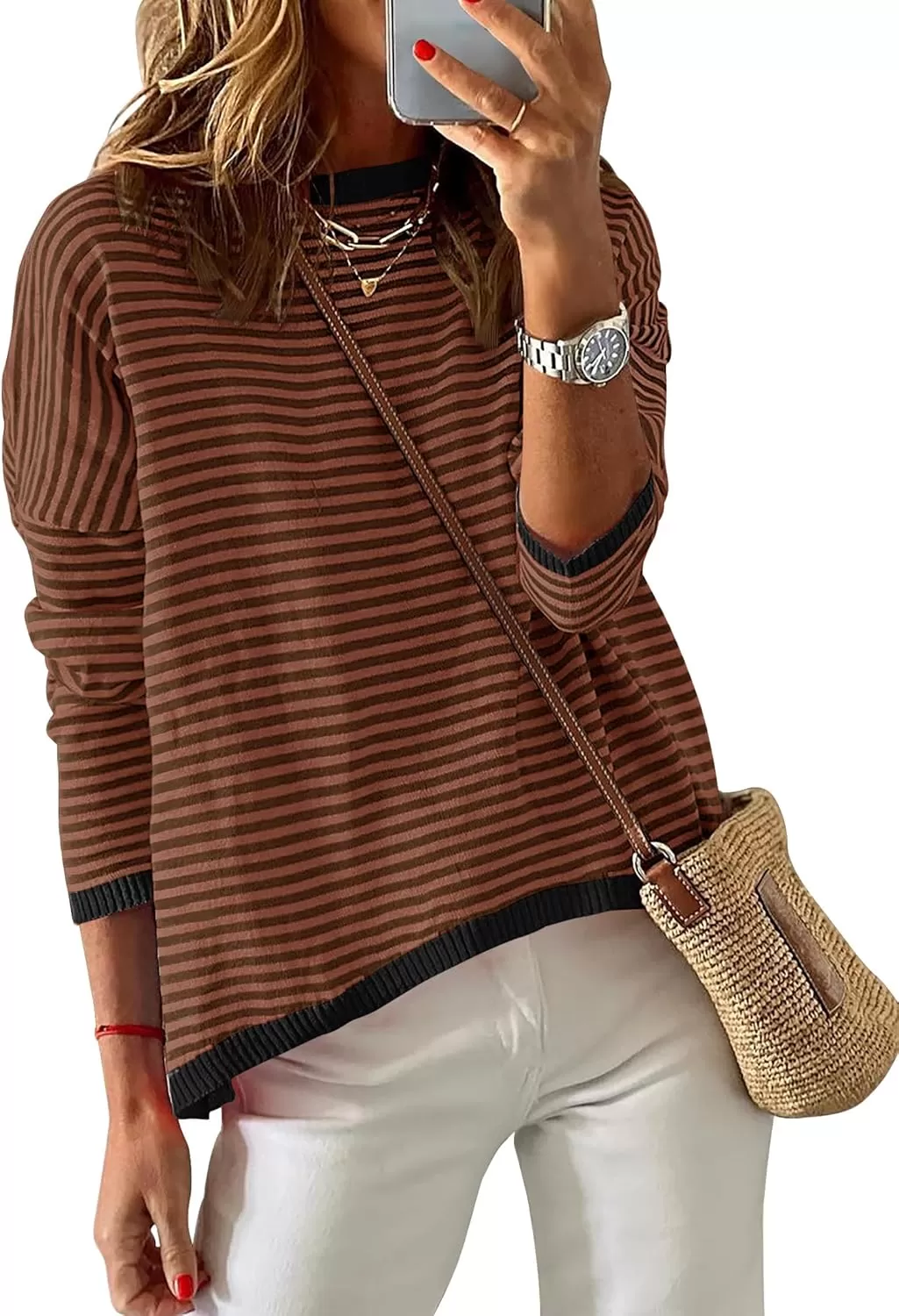 imageZESICA Womens 2024 Fall Striped Sweaters Long Sleeve Crew Neck Shirts Color Block Lightweight Pullover TopsCoffee