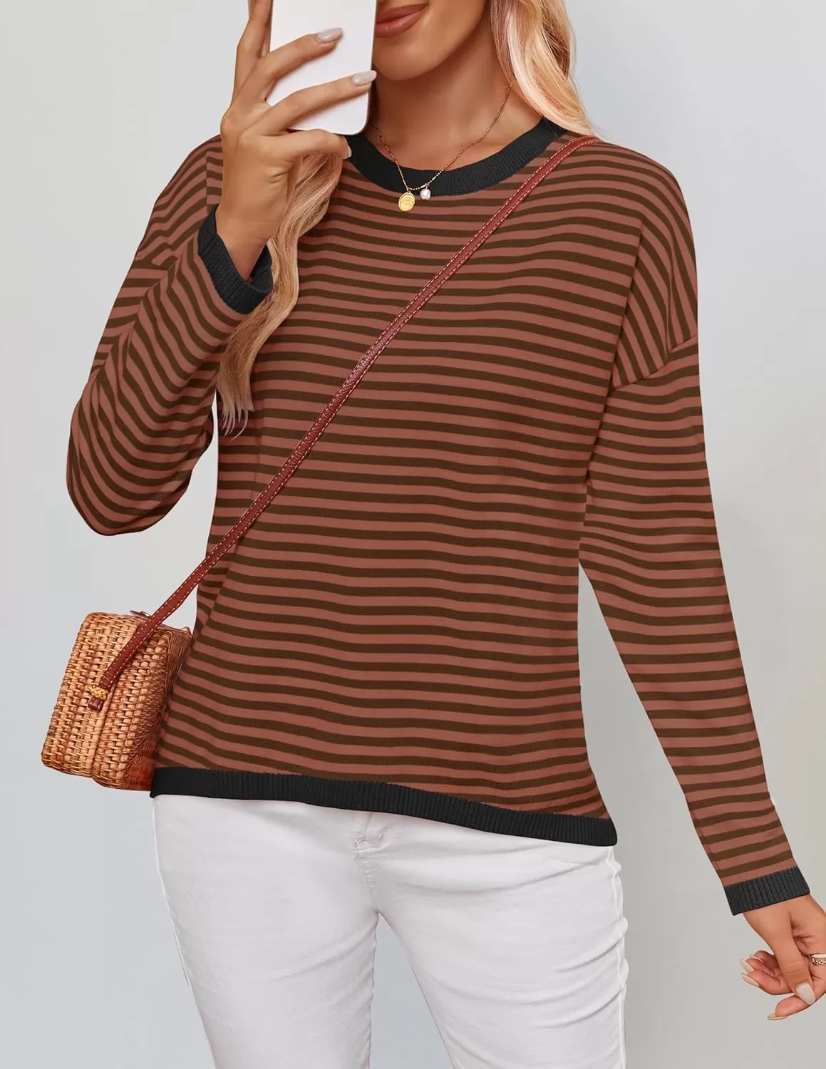 imageZESICA Womens 2024 Fall Striped Sweaters Long Sleeve Crew Neck Shirts Color Block Lightweight Pullover TopsCoffee