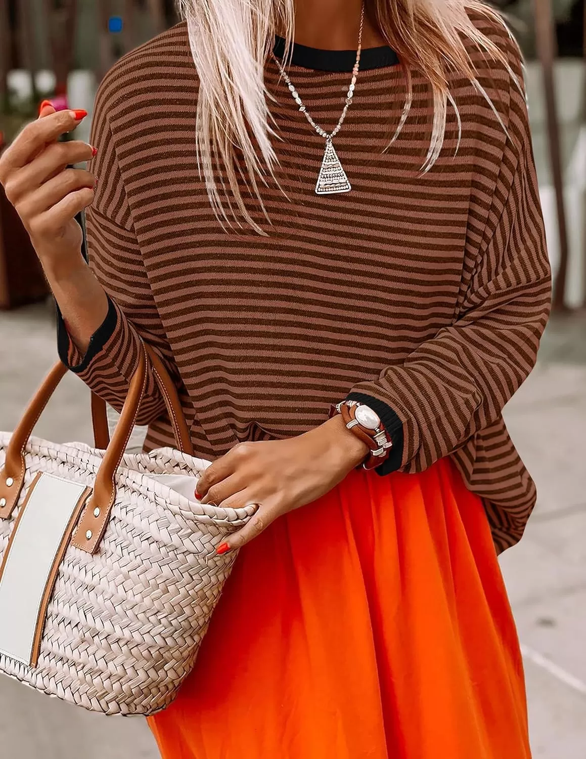 imageZESICA Womens 2024 Fall Striped Sweaters Long Sleeve Crew Neck Shirts Color Block Lightweight Pullover TopsCoffee