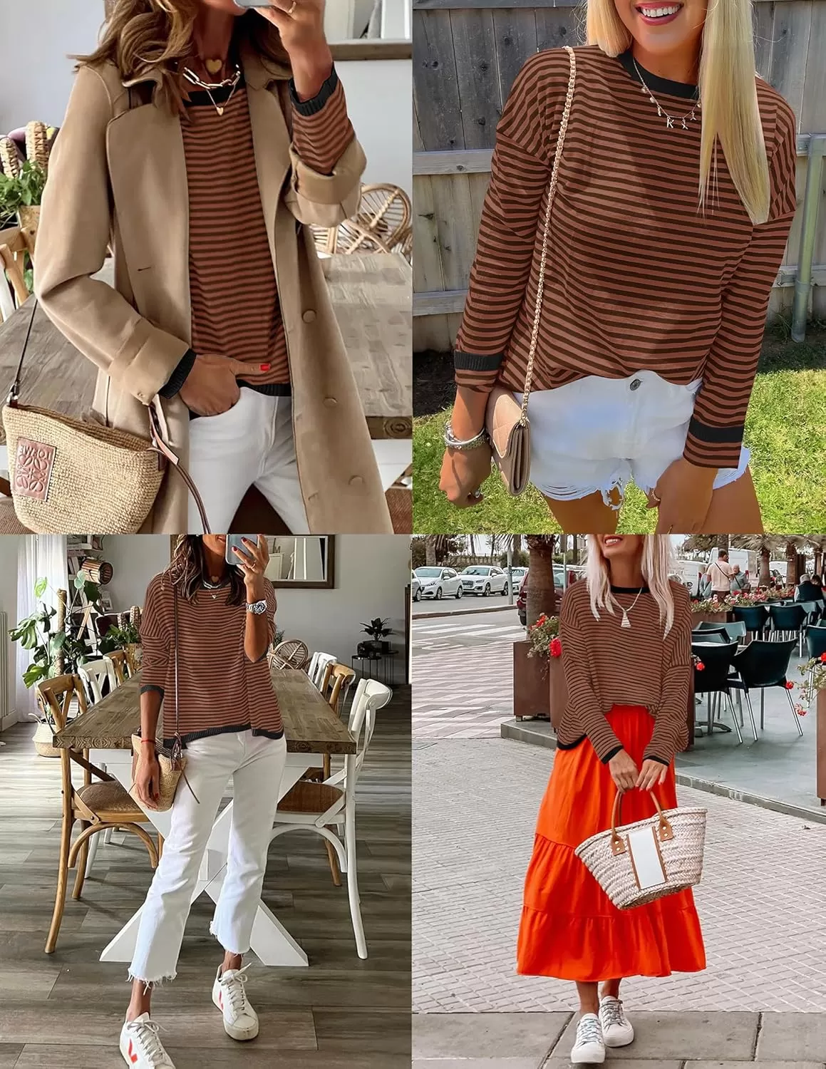 imageZESICA Womens 2024 Fall Striped Sweaters Long Sleeve Crew Neck Shirts Color Block Lightweight Pullover TopsCoffee