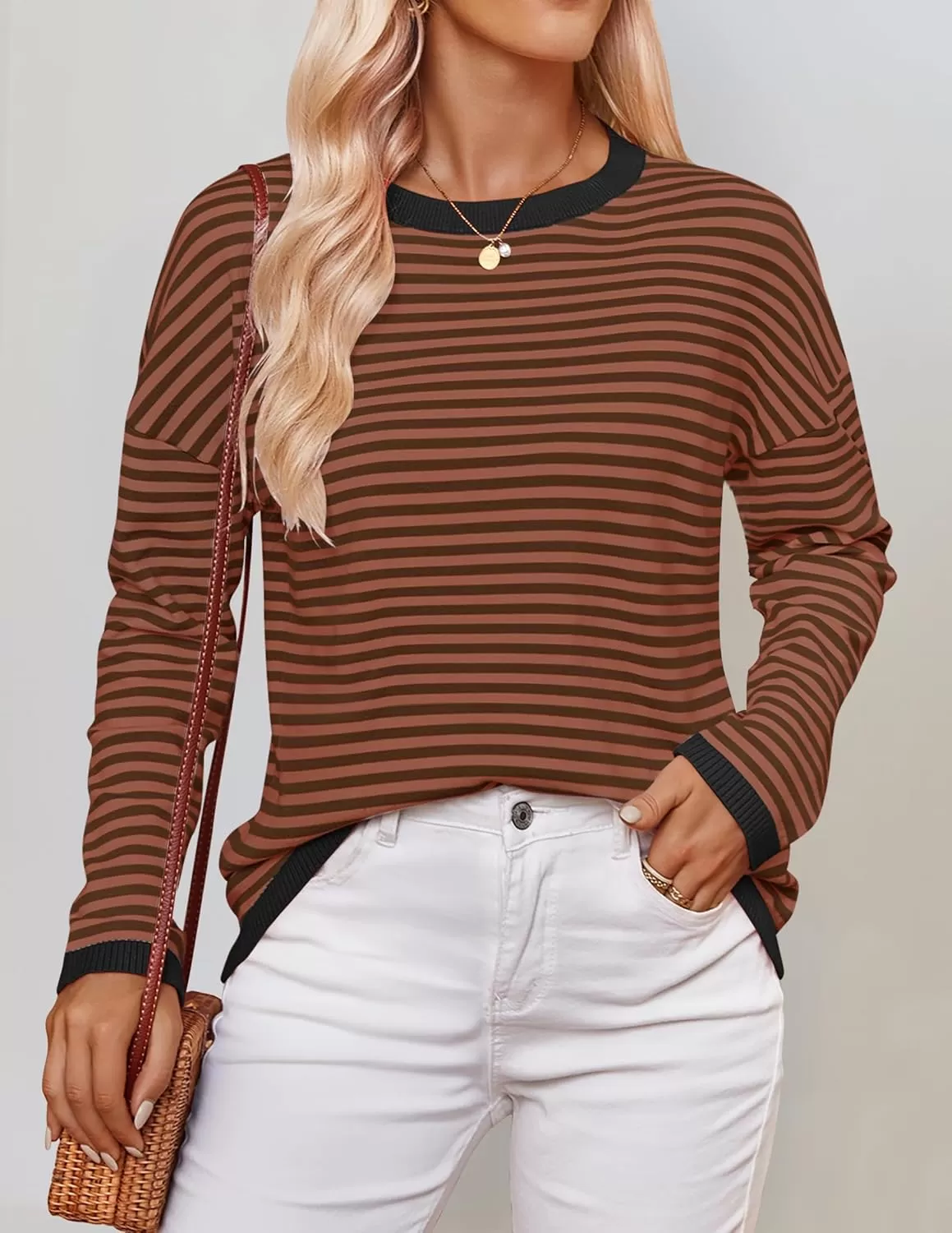 imageZESICA Womens 2024 Fall Striped Sweaters Long Sleeve Crew Neck Shirts Color Block Lightweight Pullover TopsCoffee