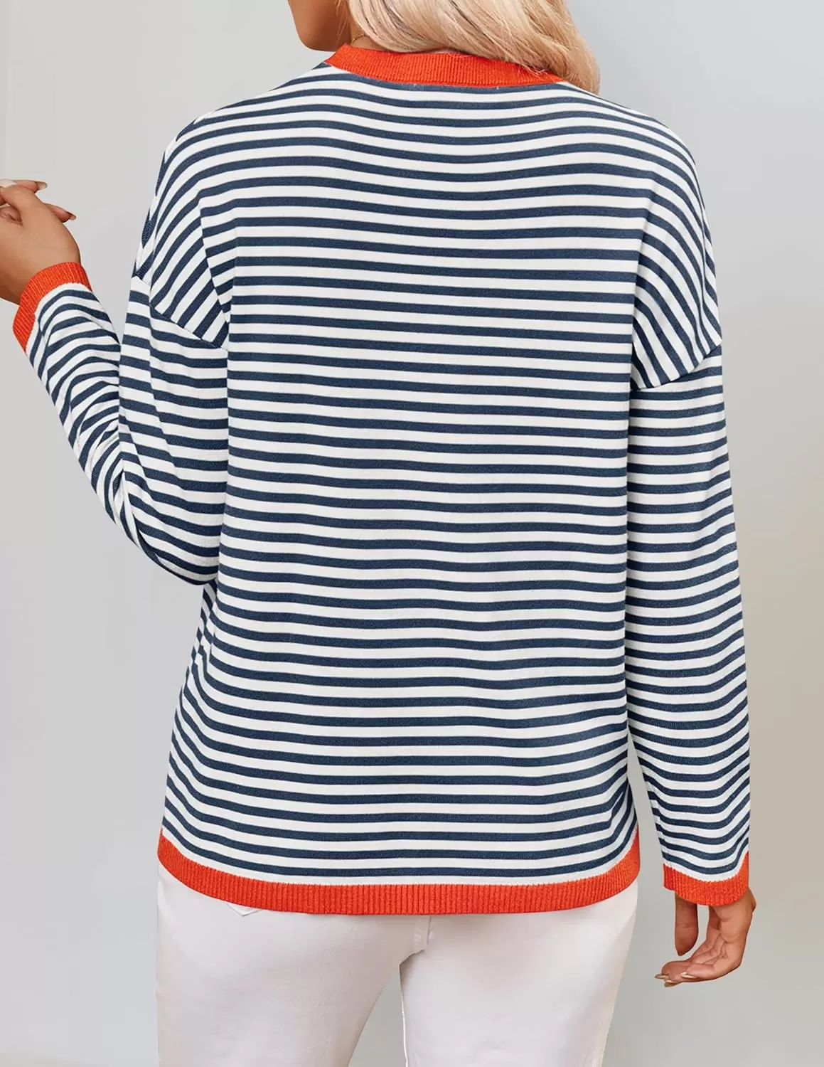 imageZESICA Womens 2024 Fall Striped Sweaters Long Sleeve Crew Neck Shirts Color Block Lightweight Pullover TopsDark Blue