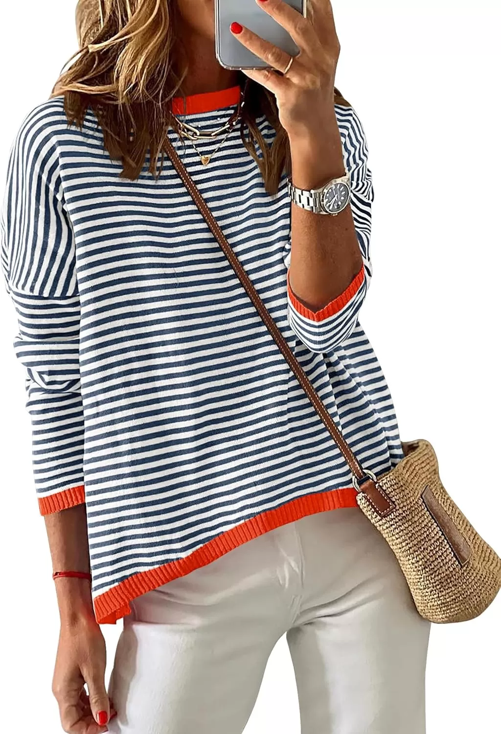imageZESICA Womens 2024 Fall Striped Sweaters Long Sleeve Crew Neck Shirts Color Block Lightweight Pullover TopsDark Blue