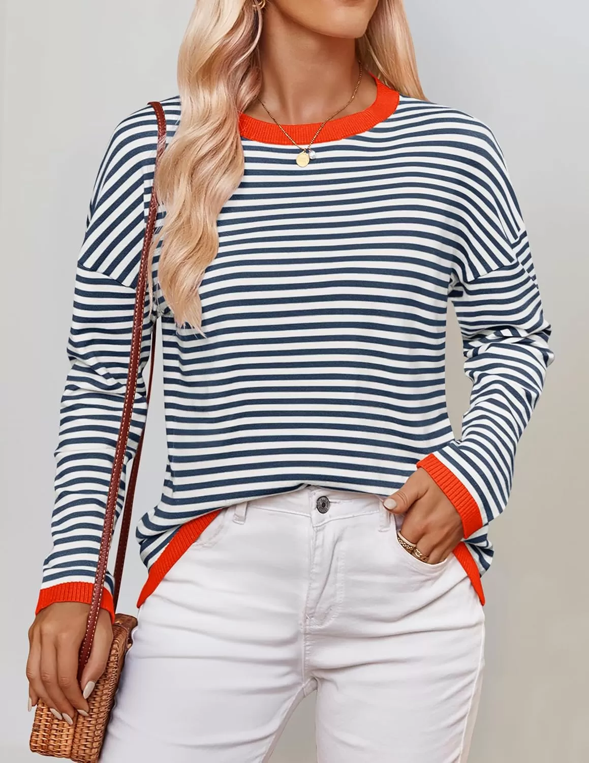 imageZESICA Womens 2024 Fall Striped Sweaters Long Sleeve Crew Neck Shirts Color Block Lightweight Pullover TopsDark Blue