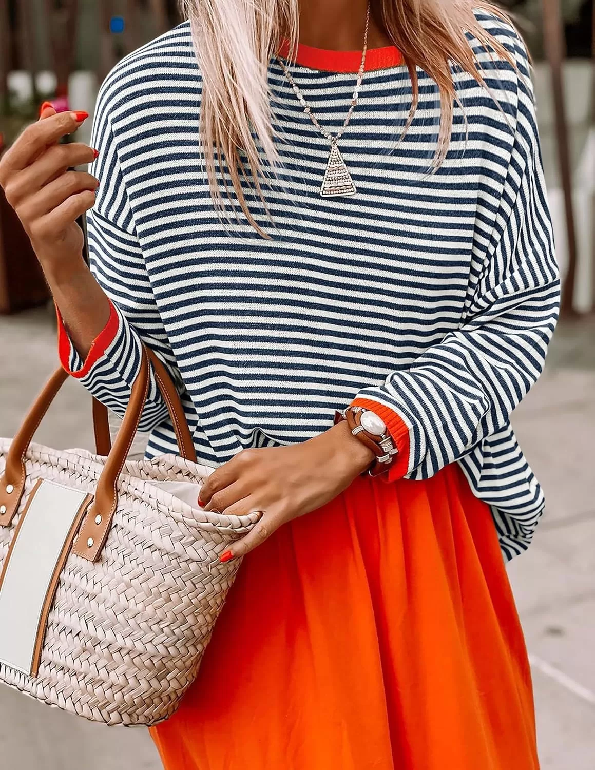 imageZESICA Womens 2024 Fall Striped Sweaters Long Sleeve Crew Neck Shirts Color Block Lightweight Pullover TopsDark Blue