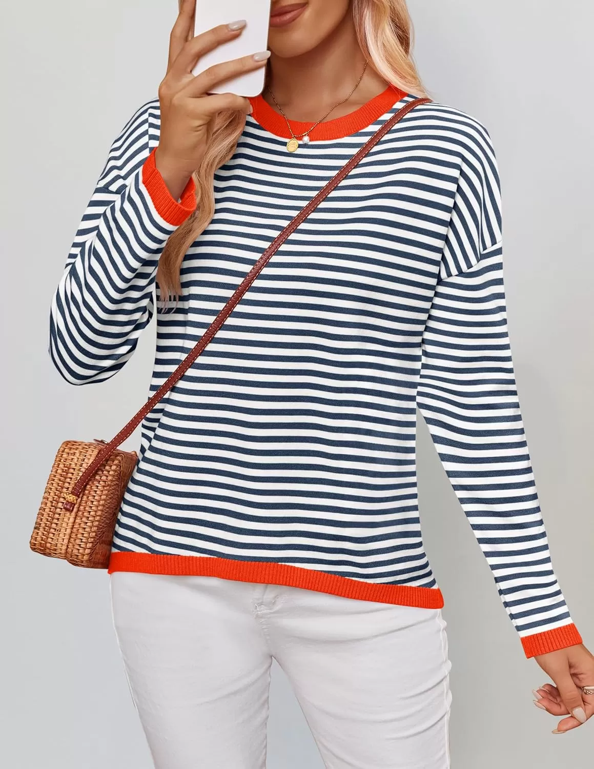 imageZESICA Womens 2024 Fall Striped Sweaters Long Sleeve Crew Neck Shirts Color Block Lightweight Pullover TopsDark Blue